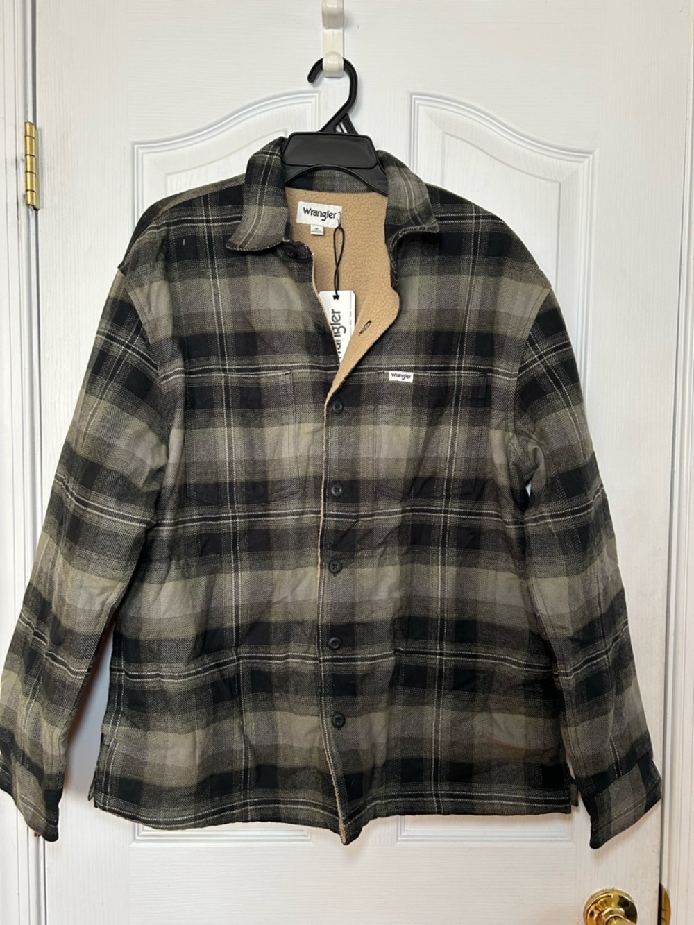 Wrangler Olive and Black Plaid Sherpa-Lined Shirt Jacket